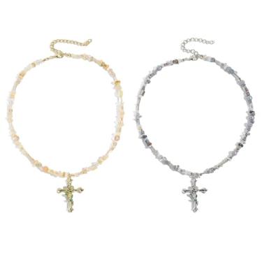 Imagem de Yudisho 2 unidades de colar de rosário cruz, pingente de cruz de fé prata dourada com joias de flor de nascimento, corrente de contas