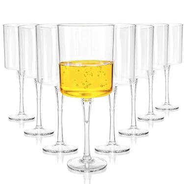 Imagem de Elsjoy Conjunto de 8 taças de vinho quadradas de acrílico, taças de vinho inquebráveis de 400 ml com haste longa cilindro reutilizável taça de vinho tinto, taças de vinho inquebráveis para festa,