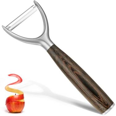 Imagem de JUSEEPO Descascador profissional de legumes, descascador de frutas de cozinha giratório, lâmina de aço inoxidável 304 afiada tipo Y, cabo de madeira de aderência confortável, adequado para maçãs