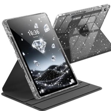 Imagem de INFILAND Capa giratória para Samsung Galaxy Tab S10 FE/ S9 FE 5G 10,9 polegadas/Tab S9 11 polegadas 360 linda capa com glitter com parte traseira transparente, suporte de caneta S para meninas