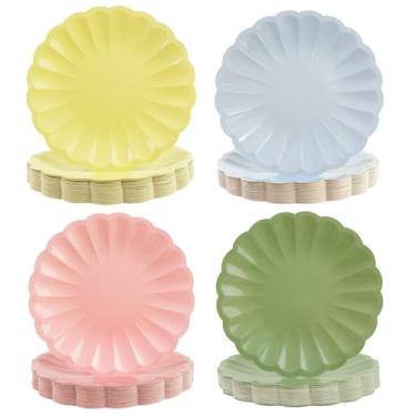 Imagem de 48 peças de pratos de papel pastel recortados, 18 cm, rosa, amarelo, azul, verde sálvia, sobremesa, pratos, descartáveis, colorido, arco-íris, suprimentos de festa para aniversário, casamento, meninas