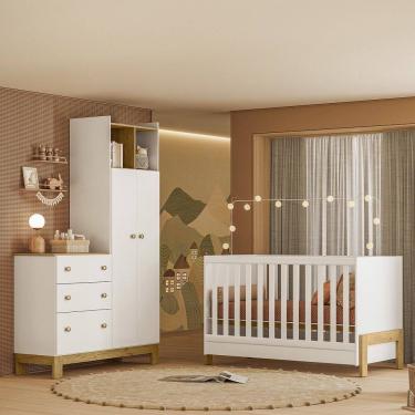 Imagem de Quarto de Bebê com Berço Mini Cama Fantasia e Roupeiro com Cômoda QEncanto Slim Freijó Branco Acetinado Qmovi
