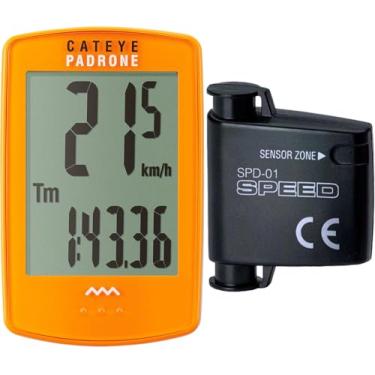 Imagem de CATEYE Computador de bicicleta sem fio Padrone – Ciclocomputador com tela grande, velocímetro e odômetro sem fio, suporte FlexTight™, inicialização/parada automática, odômetro programável (laranja)
