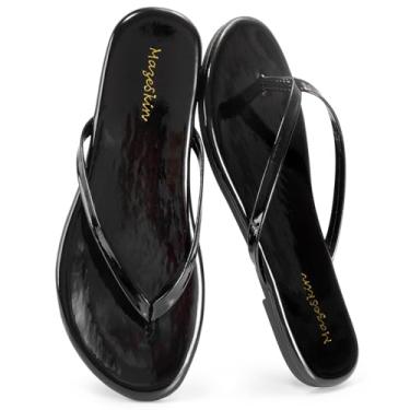 Imagem de mazeskin Chinelo feminino confortável de espuma viscoelástico elegante verão praia couro chinelo deslizante, Patente preta, 41