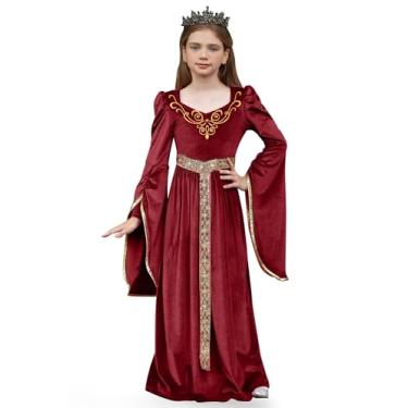 Imagem de BesserBay Vestido elegante de princesa renascentista medieval de Halloween para meninas 4 a 14 anos, Vermelho, 14 Years