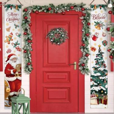 Imagem de Bolisom Placa de bandeira de alpendre de Papai Noel Feliz Natal, árvore de gengibre, doces, acredite na porta da frente, decoração decorativa de boas-vindas, decoração de presentes de férias de