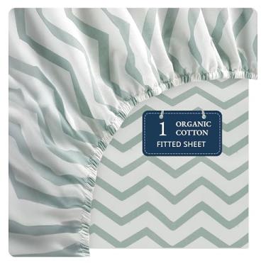 Imagem de Lane Linen Lençol solteiro 100% algodão orgânico (99 cm x 190 cm) - lençol com elástico 100% algodão super macio - lençol de cama de algodão leve e durável - Chevron azul frio