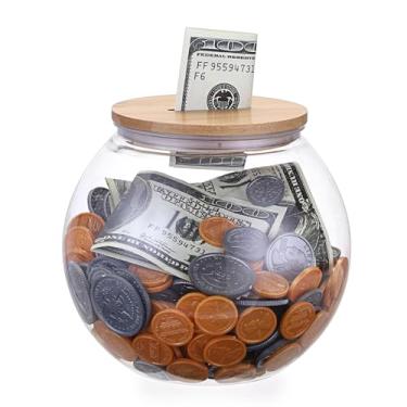 Imagem de Sumnacon Pote de cofre de lavanderia, potes de dinheiro de plástico transparente com slot e tampa de madeira, cofrinhos de fazenda para economizar dinheiro, gorjeta, troco, bilhetes de sorteio