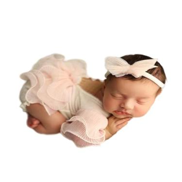 Imagem de Lgvhydh Macaquinho para fotografia de recém-nascido, acessório para fotografia de recém-nascido, acessório de cabeça, macacão de renda, fantasia de fotografia de bebê (bege)