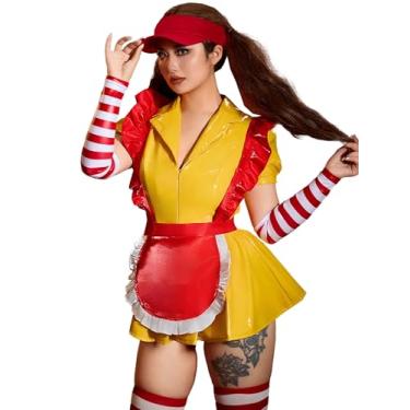 Imagem de Mobbunny Fantasia feminina de garçonete, lingerie sexy, conjunto de uniforme de empregada de Halloween, vestido amarelo com avental e chapéu (médio)