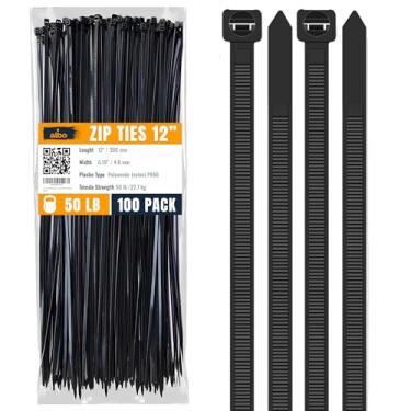 Imagem de ALBO Abraçadeiras pretas com zíper de 30,5 cm de comprimento, abraçadeiras plásticas grossas de 0,48 cm, pacote com 100 envoltórios de gravata, resistente, 22,7 kg, de nylon resistente a UV para ambientes internos e externos