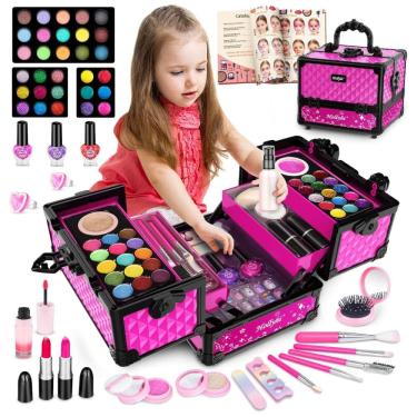 Imagem de Kit de Maquiagem Infantil com 65 Peças Laváveis e Estojo para Crianças de 3 a 12 Anos, Hollyhi, Rosa
