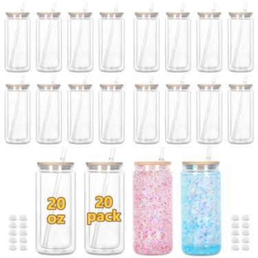 Imagem de Maucircol Copo de globo de neve de acrílico de 590 ml, pacote com 20 copos de globo de neve de plástico pré-perfurado de parede dupla para globo de neve com glitter, com tampa de bambu