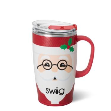 Imagem de Swig Life Caneca de viagem de 510 g, copo isolado com alça e tampa, caneca de café de viagem, compatível com porta-copos, copo de aço inoxidável de 510 g, reutilizável isolado com tampa (Mr Claus)