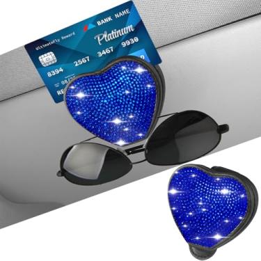 Imagem de Suporte de óculos de sol brilhante para viseira de sol de carro, suporte de suporte magnético de couro PU, clipes organizadores de óculos, clipe de cartão de bilhete de cristal (azul)
