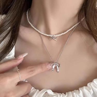 Imagem de Colar de contas de camada dupla, colar com pingente de laço, colar de contas de pérolas, joias para mulheres, festas de formatura, férias, moda