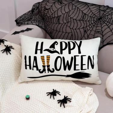 Imagem de Capas de almofada Happy Halloween, 30 x 50 cm, chapéu de bruxa, vassoura de bruxa, capa de almofada para sofá