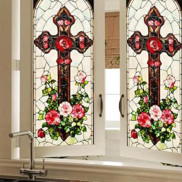 Imagem de HOMETITUTE Película de privacidade para vitrais cruzados, janela decorativa com rosas e design floral, adesivo estático de vidro aderente para casa, igreja, cozinha, banheiro, 17,7 x 39,3 polegadas