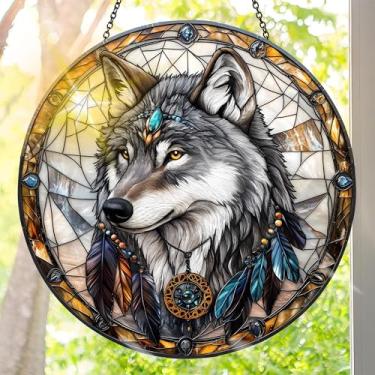 Imagem de Apanhador solar de acrílico colorido, decoração de janela suspensa de lobo com design de vitral impresso, apanhador de sol, arte de parede de arco-íris, ideia de presente e ornamento de jardim para