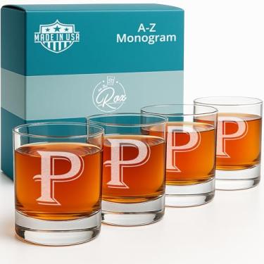 Imagem de Conjunto de 4 peças de óculos elegantes com base pesada gravada de 325 ml - Use como um copo de bebida multiuso ou como um copo de rochas - para qualquer ocasião especial - por: On The Rox, P-Monogram, 1