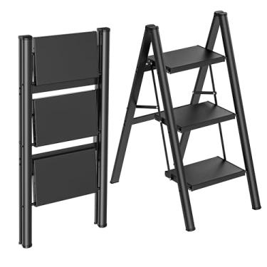 Imagem de HBTower Escada de degrau, banqueta dobrável de alumínio leve com pedal largo antiderrapante, escada de degrau com capacidade de 150 kg para casa, cozinha, escritório - preta