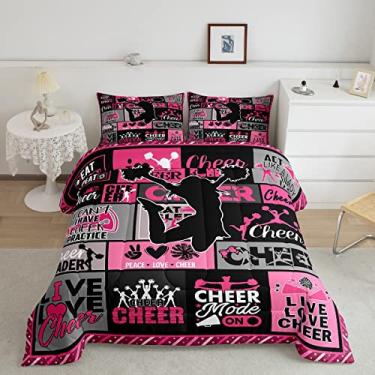 Imagem de Conjunto de edredom solteiro de líder de torcida, decoração de dançarina para todas as estações, edredom quadriculado geométrico para adolescentes, conjunto de colcha para crianças, rosa, cinza, preto