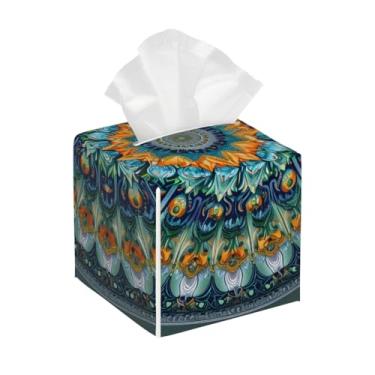 Imagem de Porta-lenços de couro quadrado à prova d'água mandala flor colorido étnico facial organizador de papel com cinto inferior cubo estojo de lenços para mesa, banheiro, escritório, mesa, carro, decorativo