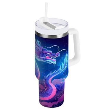 Imagem de xigua Copo vintage com estampa de dragão 1,134 g com tampa e canudo, aço inoxidável de vácuo duplo isolado garrafa de água esportiva suporte para copo de café de viagem à prova de vazamento para