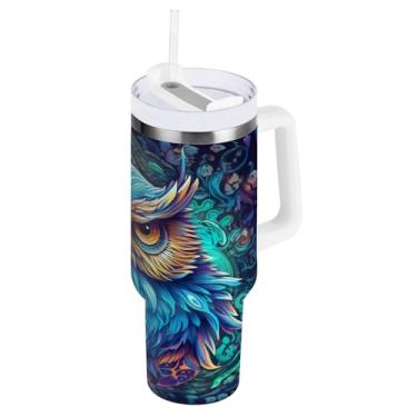 Imagem de Blueangle Copo isolado de 1,134 g com alça e tampa de canudo - Caneca de viagem de aço inoxidável à prova de vazamento, garrafa de água de coruja neon a vácuo de parede dupla (548)