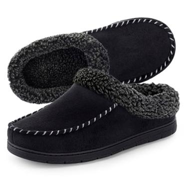 Imagem de ULTRAIDEAS Pantufas masculinas aconchegantes de camurça com espuma de memória e forro felpudo de lã, sem cadarços para mules com sola de borracha antiderrapante para uso interno e externo, Preto, 11-12