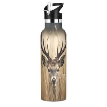 Imagem de Blueangle Garrafa de água de 590 ml com canudo - Garrafa de água esportiva de aço inoxidável sem BPA, design de veado de campo de trigo à prova de vazamento para academia, atividades ao ar livre