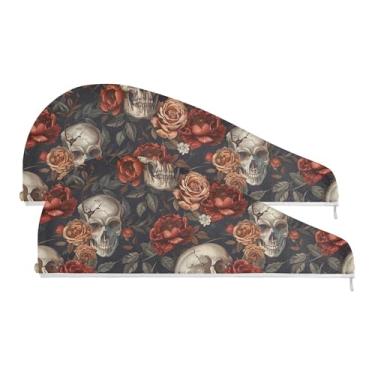 Imagem de SEHANY Toalha de cabelo de microfibra rosa e caveira para mulheres, 2 peças, turbantes de cabelo de secagem rápida com botão, touca de cabelo seco absorvente toalha de secagem de cabelo para cabelos