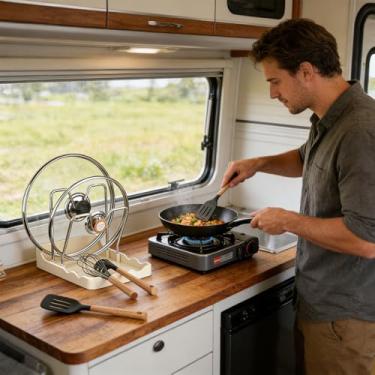 Imagem de Organizador De Tampas De Panela | Prateleira De Secagem Vertical Para Colheres,com Bandeja de Gotejamento e Suporte em Aço Inoxidável - para Cozinha Despensa Balcão Restaurante Pratos Utensílios Panel