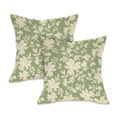 Imagem de Fahrendom Conjunto de 2 capas de almofada decorativas florais vintage verde 45,7 x 45,7 cm, flores botânicas, varanda e pátio, capa de almofada para sofá de plantas naturais, decoração de casa
