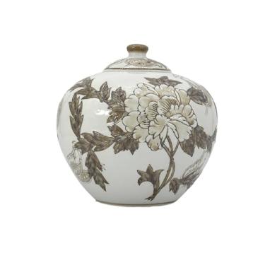 Imagem de Galt International Pote de chinoiserie floral marrom e branco de 20 cm com tampa, pote decorativo de gengibre, centro de mesa, pote de doces para armazenamento de chá, vaso de decoração de casa