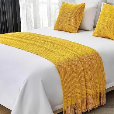 Imagem de JONKMY Colcha de cama de corredor de cama moderna cor sólida tricotado cobertor de cama borla luxo macio confortável roupa de cama protetor para pé da cama toalha de cama decoração - amarelo||65 x 260
