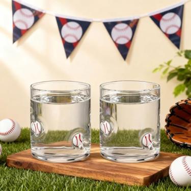 Imagem de SiliFine Pacote com 4 copos de vidro com ícones de beisebol, copos de suco de 396 g, duplos, antiquados, soprados à mão, sem haste, copo reutilizável para aniversário, presente de festa esportiva