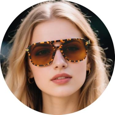 Imagem de Óculos de sol aviador para homens e mulheres, óculos de sol modernos de topo plano com lentes largas, óculos estilo piloto retrô para dirigir e viajar, Armação de tartaruga