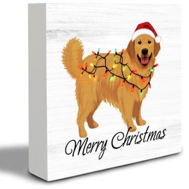 Imagem de IWXYI Decoração de mesa de madeira Golden Retriever de Natal, luzes de Natal para cães, caixa de bloco de madeira, decoração de mesa, prateleira de escritório em casa, 12 x 12 cm, presente de cachorro