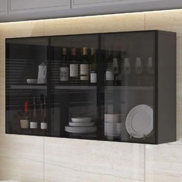 Imagem de Armário de armazenamento de madeira maciça para cozinha e banheiro com porta de vidro, 105 x 30 x 60 cm - Armário de parede elegante para varanda, banheiro e organização de cozinha