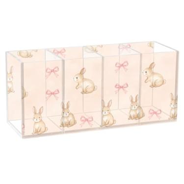 Imagem de Burbuja Porta-canetas de acrílico Bunny Bow, 4 compartimentos, suporte de lápis transparente para pincéis de maquiagem fixos, acessórios de mesa de escritório em casa