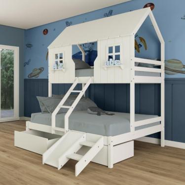 Imagem de Beliche Casal/ Solteiro Casinha Encantada Com 02 Gavetas Kit Escada/ Escorregador Madeira Maciça Branco Megamobilia