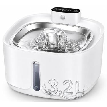 Imagem de bebedouro para gatos sem fio com sensor, 3,2 L fonte de água para animais de estimaçãoCom bandeja de água de aço inoxidável, fontes dispensadoras de água corrente para gatos,3 conjuntos de filtros