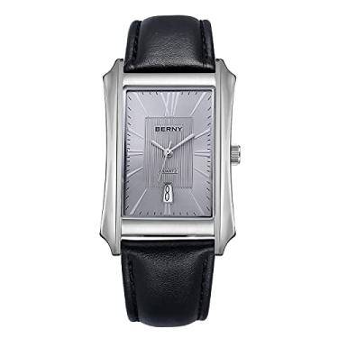 Imagem de BERNY Relógios masculinos masculinos casuais de quartzo com caixa de aço inoxidável com pulseira de couro retangular para homens (preto, branco, cinza, ouro rosa), Cinza, Relógios de quartzo