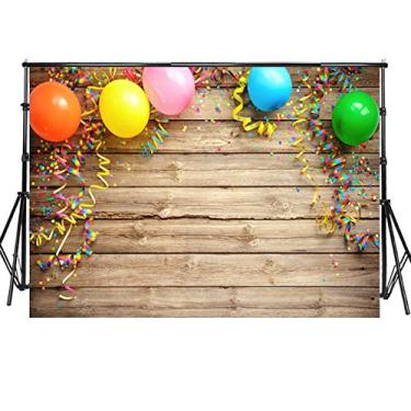 Imagem de Sensfun Cenário de madeira para fotografia de 2,1 x 1,5 m com balões coloridos de carnaval em placa de madeira rústica com fundo de foto para festa de feliz aniversário, mesa de bolo, faixa para cabine fotográfica (WP045)