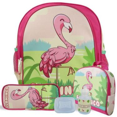 Imagem de Kit Escolar Mochila Infantil De Costas Tam M Flamingo - Vou Leve