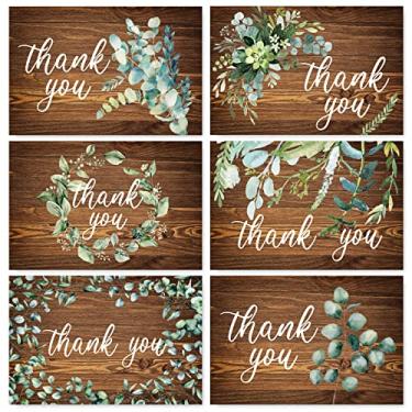 Imagem de Whaline Pacote com 30 cartões de agradecimento rústicos com envelopes adesivos aquarela eucalipto cartões de notas para casamento, aniversário, chá de bebê, chá de panela, branco por dentro, 10 x 15 cm