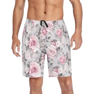 Imagem de CHIFIGNO Calças de pijama para homens, shorts de pijama para dormir, calças de pijama com bolsos e cordão, Rosas rosa e folhas cinza - 1, M