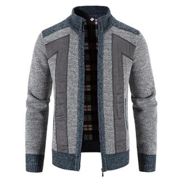 Imagem de Cardigã masculino, cor contrastante, suéter com zíper, gola alta, casaco térmico aconchegante, Cinza-claro, 4G