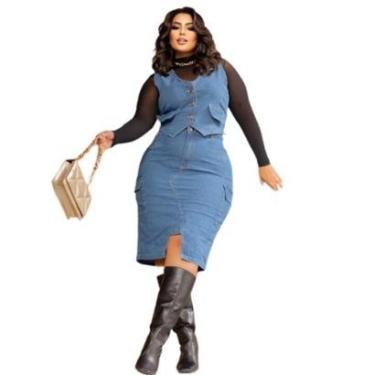 Imagem de Saia Jeans Midi Cargo Plus Size Com Fenda Frontal Feminina-Feminino